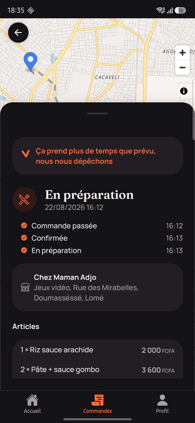 Écran de suivi de commande de l'app client Vroom montrant les statuts horodatés et le détail des articles